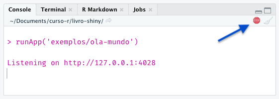 Console do RStudio com sinal de ocupado (stop).